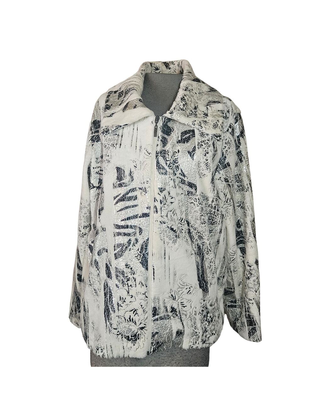 Cream and Silver Print Full Zip Blazer Jacket Size Large